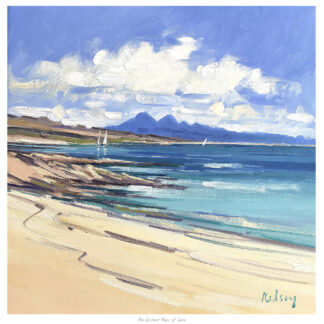 A vibrant painting of a beach scene with clouds, sailboats in the distance, and mountains on the horizon. By Robert Kelsey