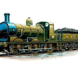 A colorful illustration of a vintage steam locomotive, numbered 673, with intricate detailing and a classic design. By Rod Harrison
