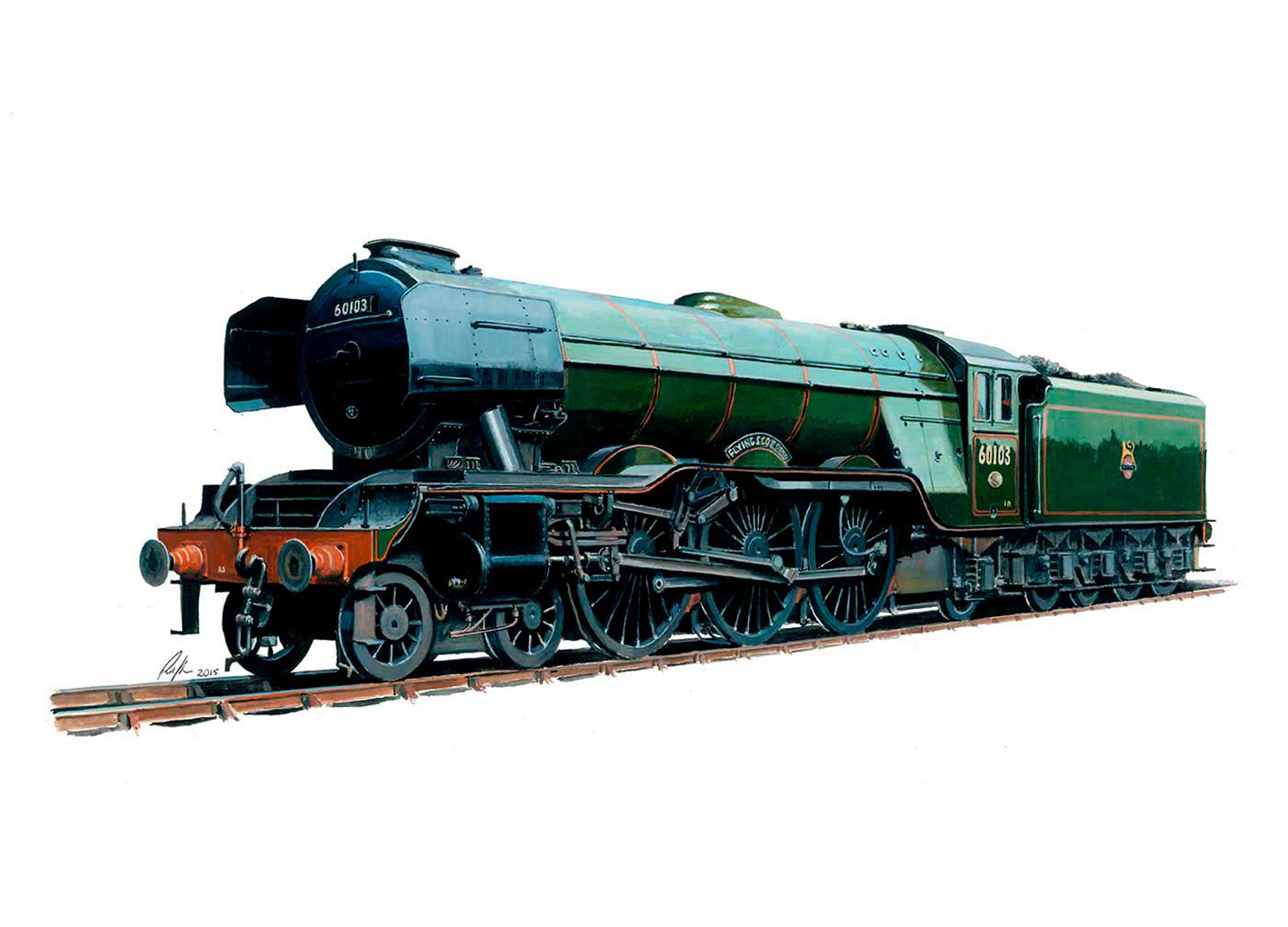 The image shows an illustrated, side-view of a classic green steam locomotive on tracks. By Rod Harrison