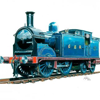 A colorful illustration of a vintage blue steam locomotive with 'C.R.120' written on the side, depicted on a white background. By Rod Harrison