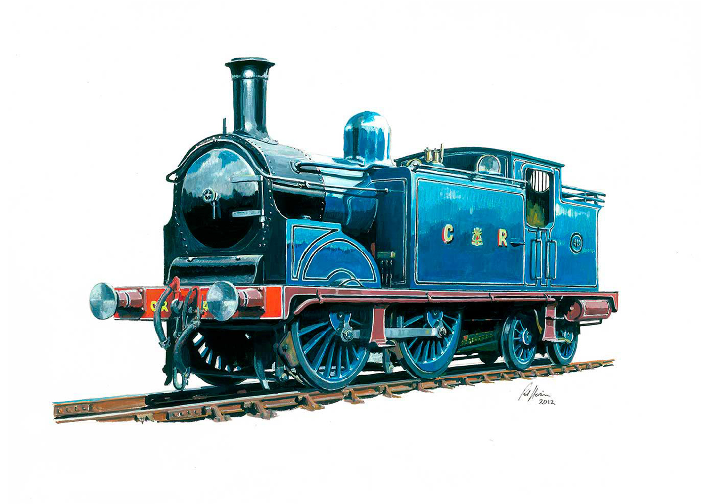 A colorful illustration of a vintage blue steam locomotive with 'C.R.120' written on the side, depicted on a white background. By Rod Harrison