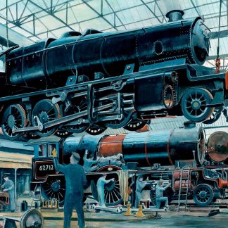 A painting of workers in a train depot servicing a large steam locomotive. By Rod Harrison