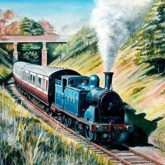 A vintage blue steam locomotive pulls a red passenger carriage through a lush countryside under a bridge. By Rod Harrison