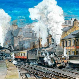 Two vintage steam locomotives at a train station, with steam billowing, under a clear blue sky. By Rod Harrison