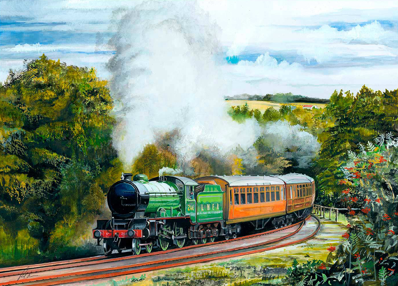 A vibrant painting of a classic green steam locomotive pulling carriages on tracks through a scenic landscape with prominent steam plume. By Rod Harrison