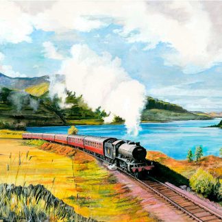 A vintage train traveling on tracks beside a lake with mountains in the background and vibrant sky. By Rod Harrison