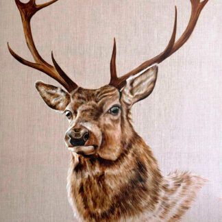A detailed painting of a stag's head and antlers on a beige background. By Scott McGregor