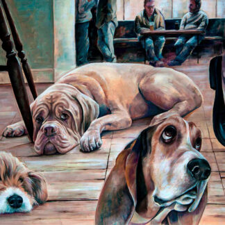 The image shows a painting of three dogs lying on the floor with two people in the background having a conversation. By Scott McGregor