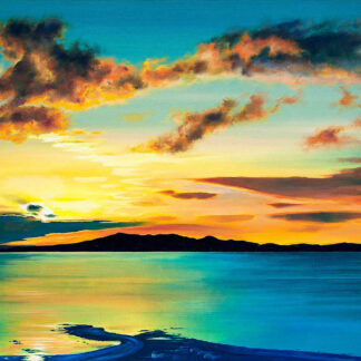 A vibrant painting depicting a sunset over a calm sea with clouds scattered across the colorful sky. By Scott McGregor