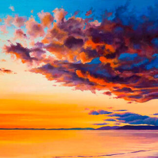 A vibrant painting of a sunset over a body of water with colorful skies and clouds. By Scott McGregor