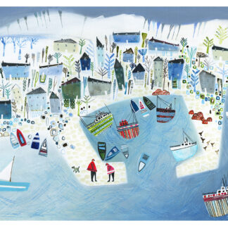 A colorful, stylized painting of a seaside village with houses, trees, and boats on blue water. By Nikki Monaghan