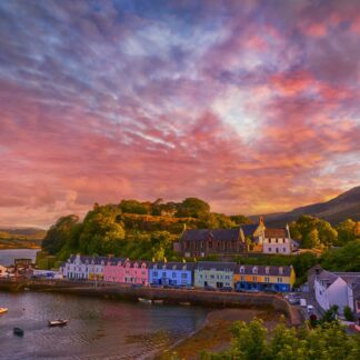 Sunset over famous Quay street in Portree, Isle of Skye
