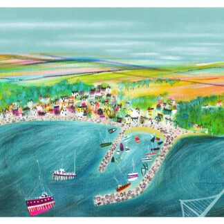 A colorful, stylized painting of a coastal landscape with a town and boats on the water. By Nikki Monaghan