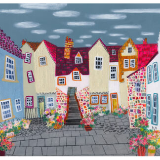 Colorful, whimsical illustration of a quaint street with charming houses and potted plants under a gray sky. By Nikki Monaghan
